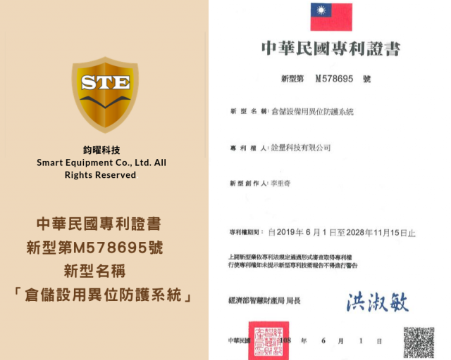 ◆中華民國專利證書 新型第M578695號 新型名稱「倉儲設備用異位防護系統」